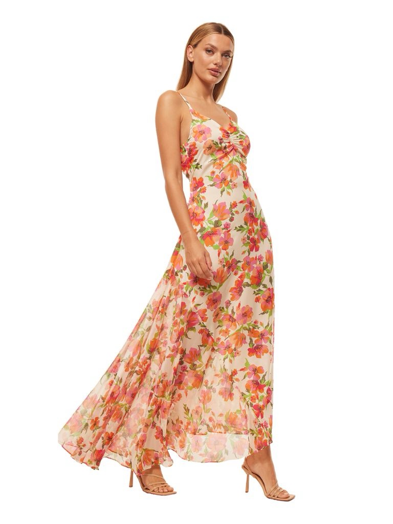 Misa Los Angeles Floral Backless Slip Maxi In Peach And Pink